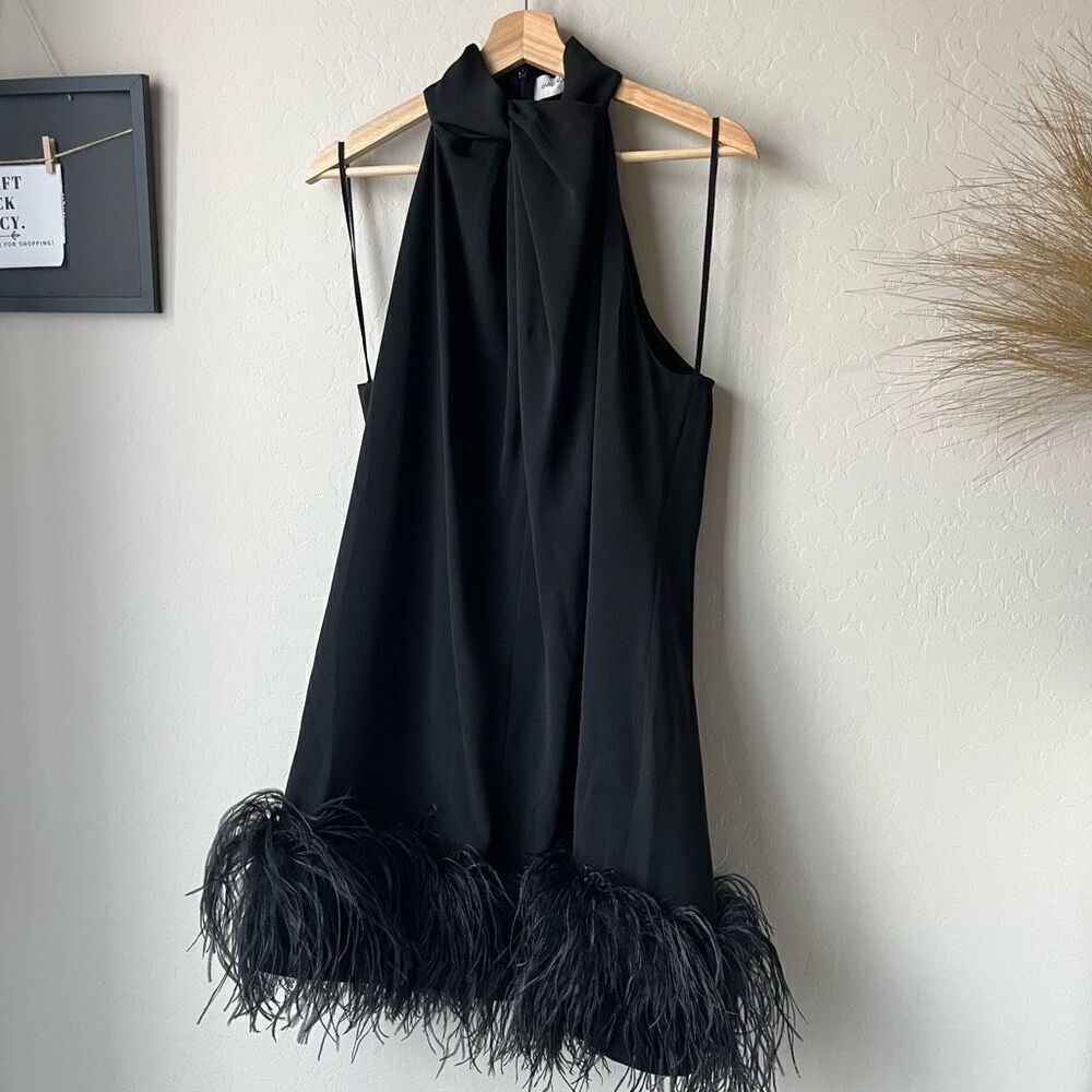 16Arlington Dress Feather‎ Trim Black Cynthia Mini Dress Size US 10 UK 14 - Picture 2 of 10